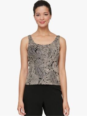 Alex Evenings Paisley Glitter Blouse Sleeveless Tank Top Black Gold